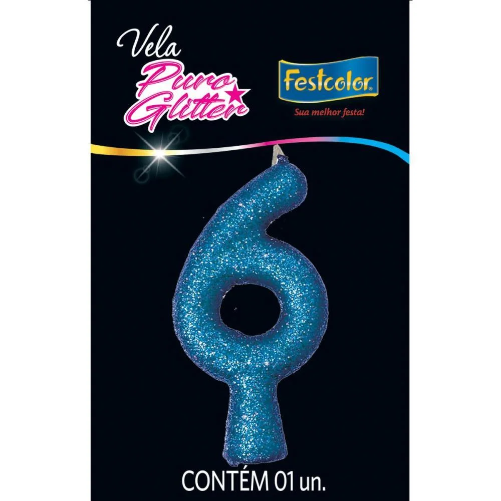 Vela Para Aniversario N.06 Azul Puro Glitter Festcolor (Cx.c/10) - imagem 3