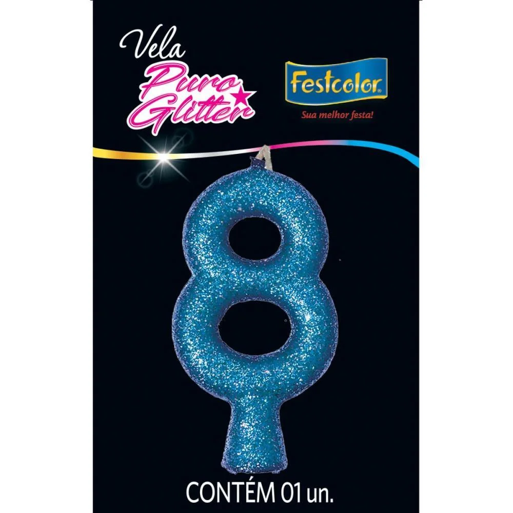 Vela Para Aniversario N.08 Azul Puro Glitter Festcolor (Cx.c/10) - imagem 2