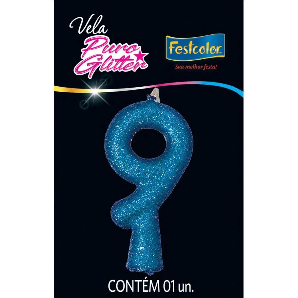 Vela Para Aniversario N.09 Azul Puro Glitter Festcolor (Cx.c/10) - imagem 2