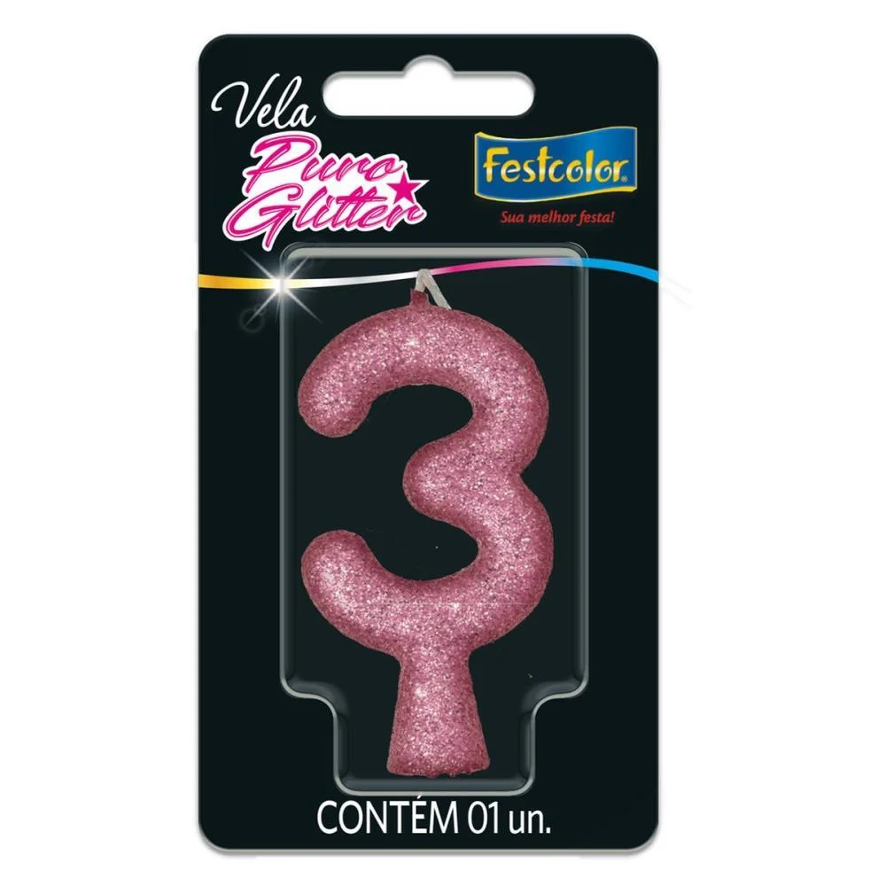 Vela Para Aniversario N.03 Rosa Puro Glitter Festcolor (Cx.c/10) - imagem 3