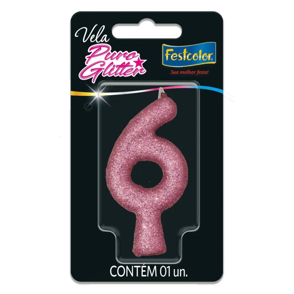 Vela Para Aniversario N.06 Rosa Puro Glitter Festcolor (Cx.c/10) - imagem 3