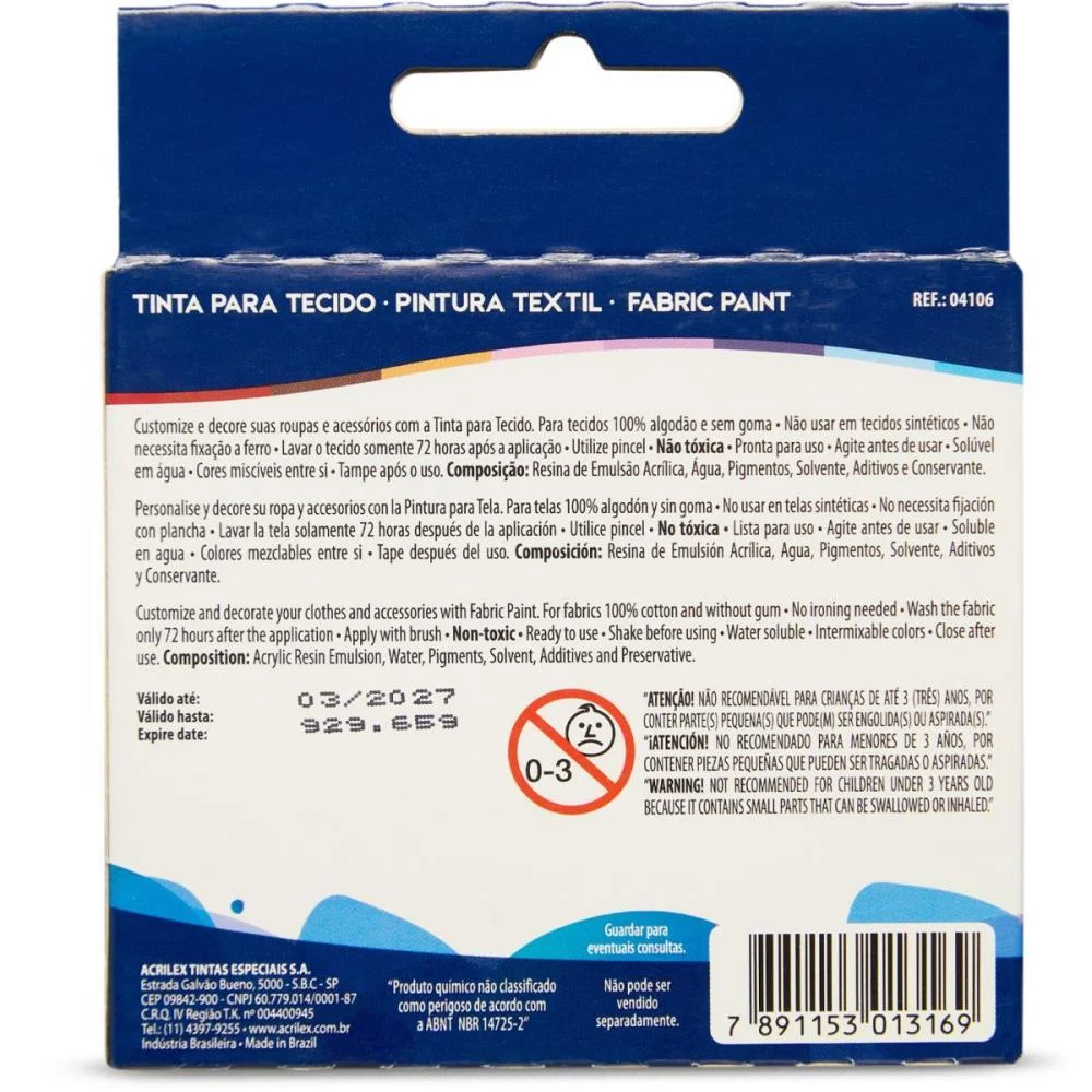 Tinta Para Tecido Fashion Colors 15Ml 6Cores (S) Acrilex (Cx.c/03) - imagem 5