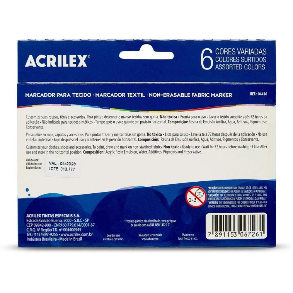 Caneta Para Tecido 6 Cores Sortidas Acrilpen Acrilex (Cx.c/03) - imagem 4