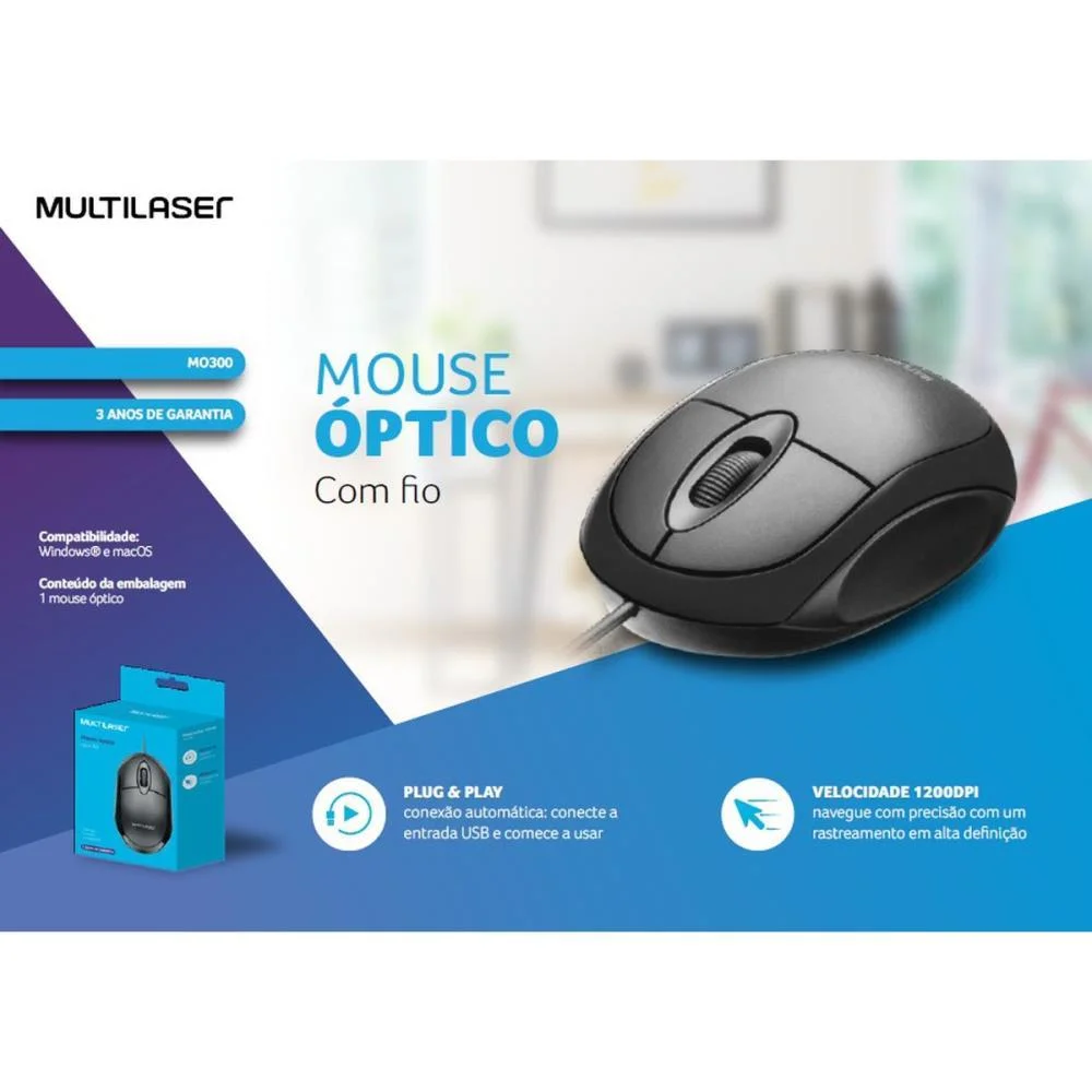 Mouse Optico Usb 1200Dpi Classic Preto C/Scroll Multi - imagem 3