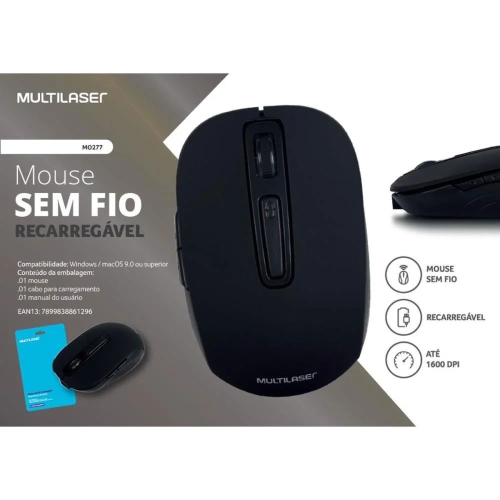 Mouse Optico Sem Fio 1600Dpi 2.4Ghz Preto Recarreg. Multi - imagem 4