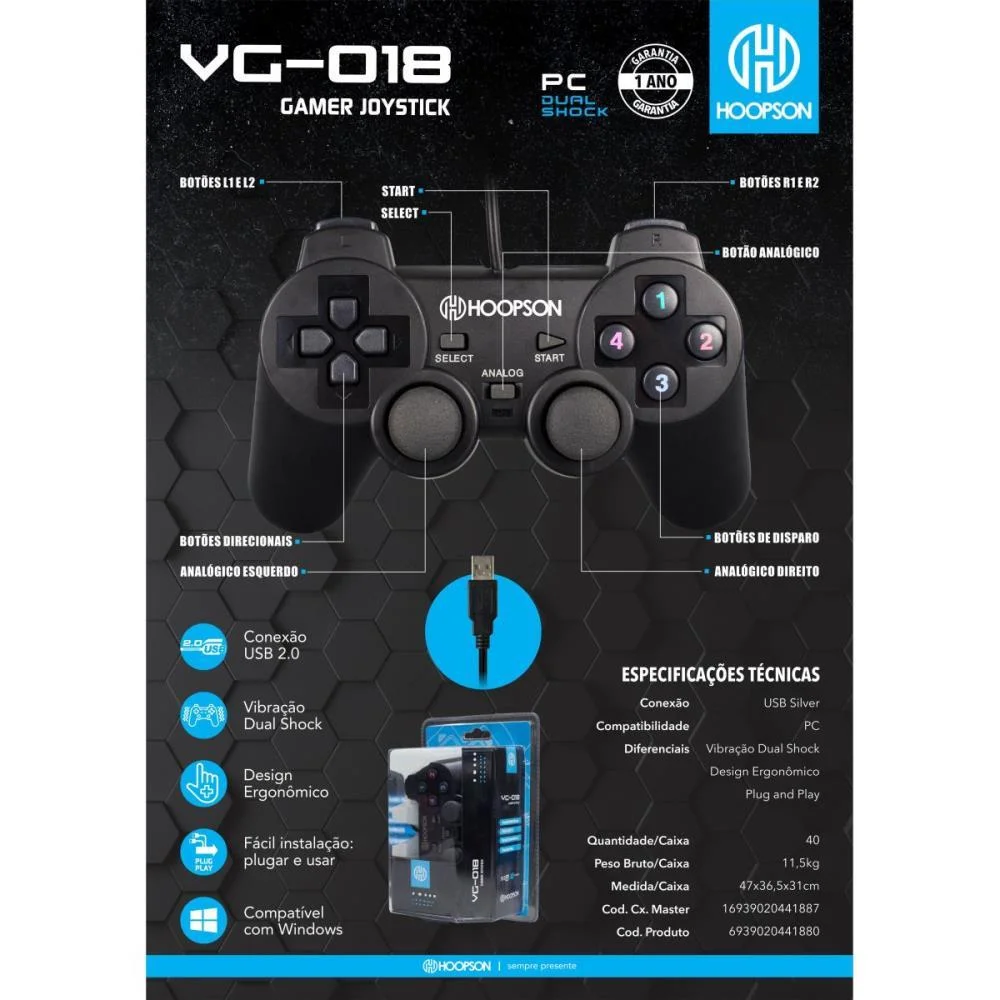 Controle Para Jogo Pc Dual Shock Usb 2.0 Preto Mercoriental - imagem 4