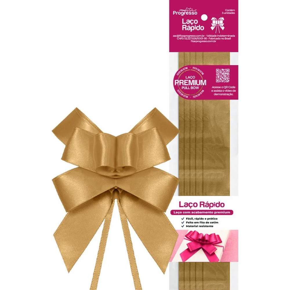 Laco Pronto Liso 22Mmx44Cm Cetim Ouro Fitas Progresso (Pct.c/05) - imagem 2