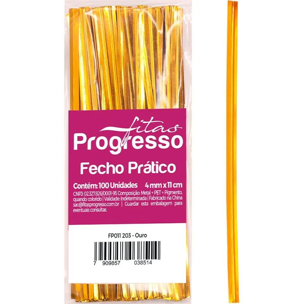 Fecho Metalico Dourado 4Mmx11Cm. Fitas Progresso C/ 100 Unidades - imagem 2