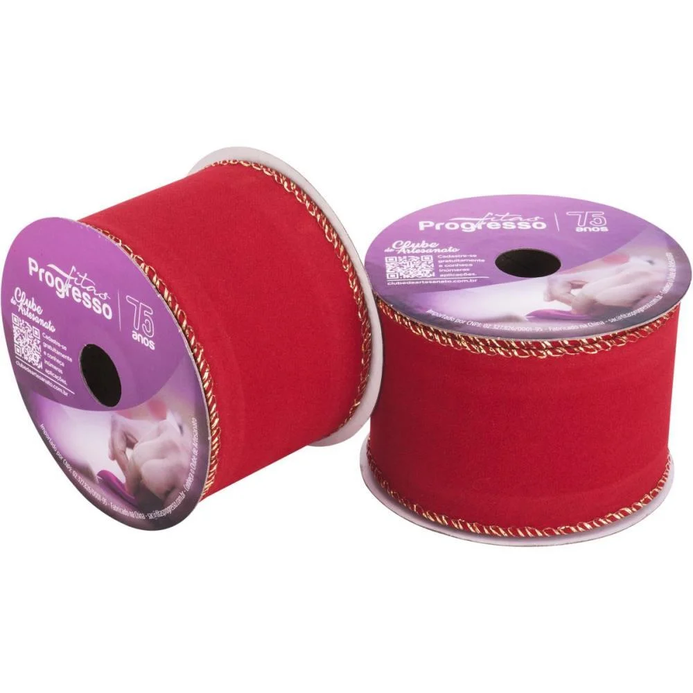 Fita Aramada Decorativa 63Mmx10M Veludo Vermelho/Ouro Fitas Progresso - imagem 3