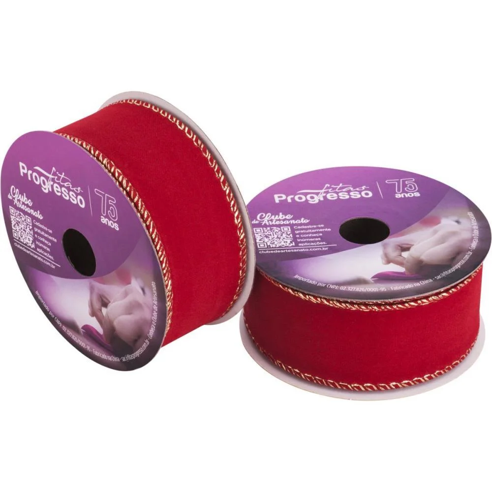 Fita Aramada Decorativa 38Mmx10M Veludo Vermelho/Ouro Fitas Progresso - imagem 3