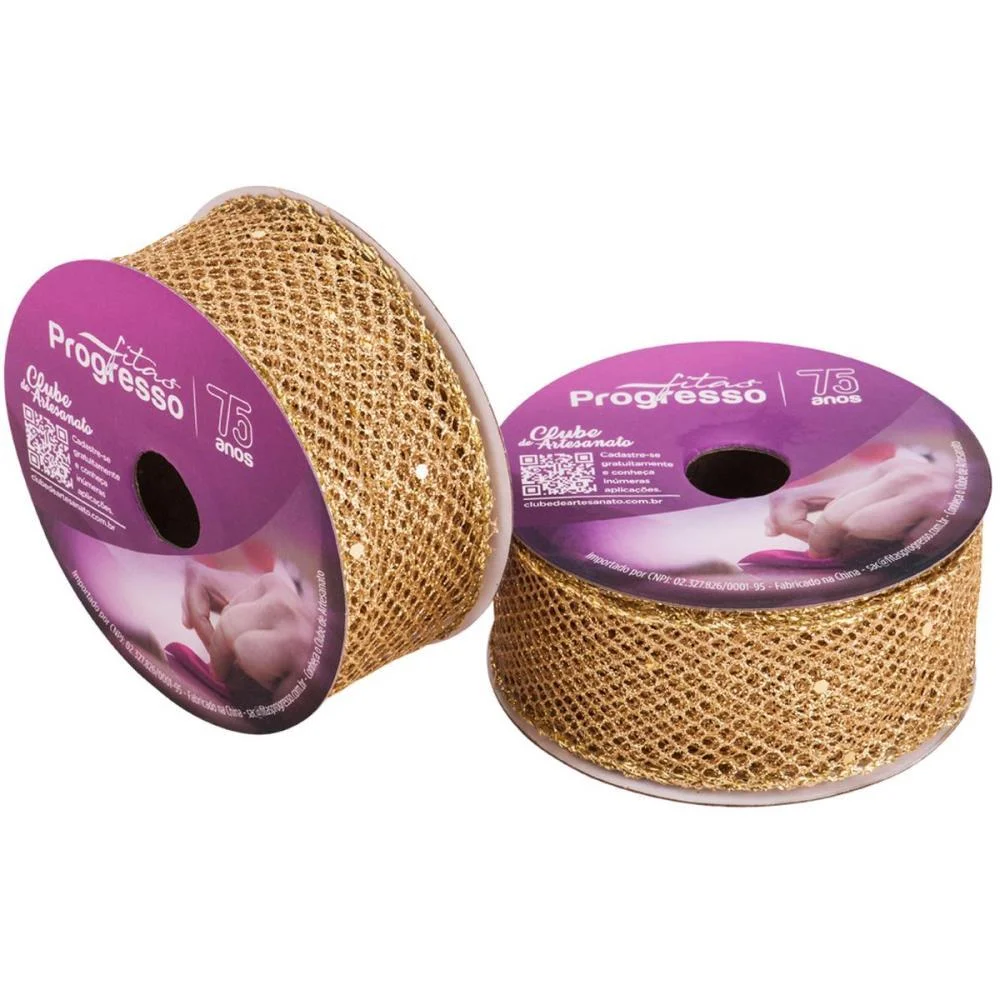 Fita Aramada Decorativa 38Mmx10M Metaliz. Ouro C/Glitt Fitas Progresso - imagem 2