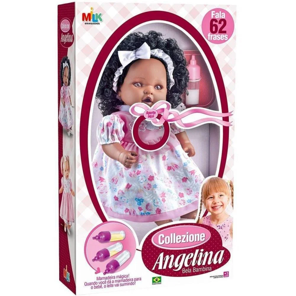 Boneca Com Mecanismo Angelina Negra 62 Frases 48Cm Milk - imagem 4