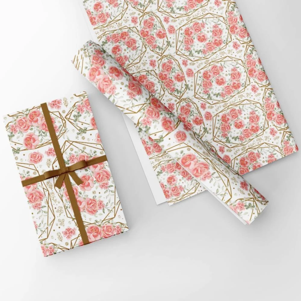 Papel Presente Bobina Couche 60Cm. Mod.206 Rosas Ouro Hexag Gessele (Bo-100Mts) - imagem 5