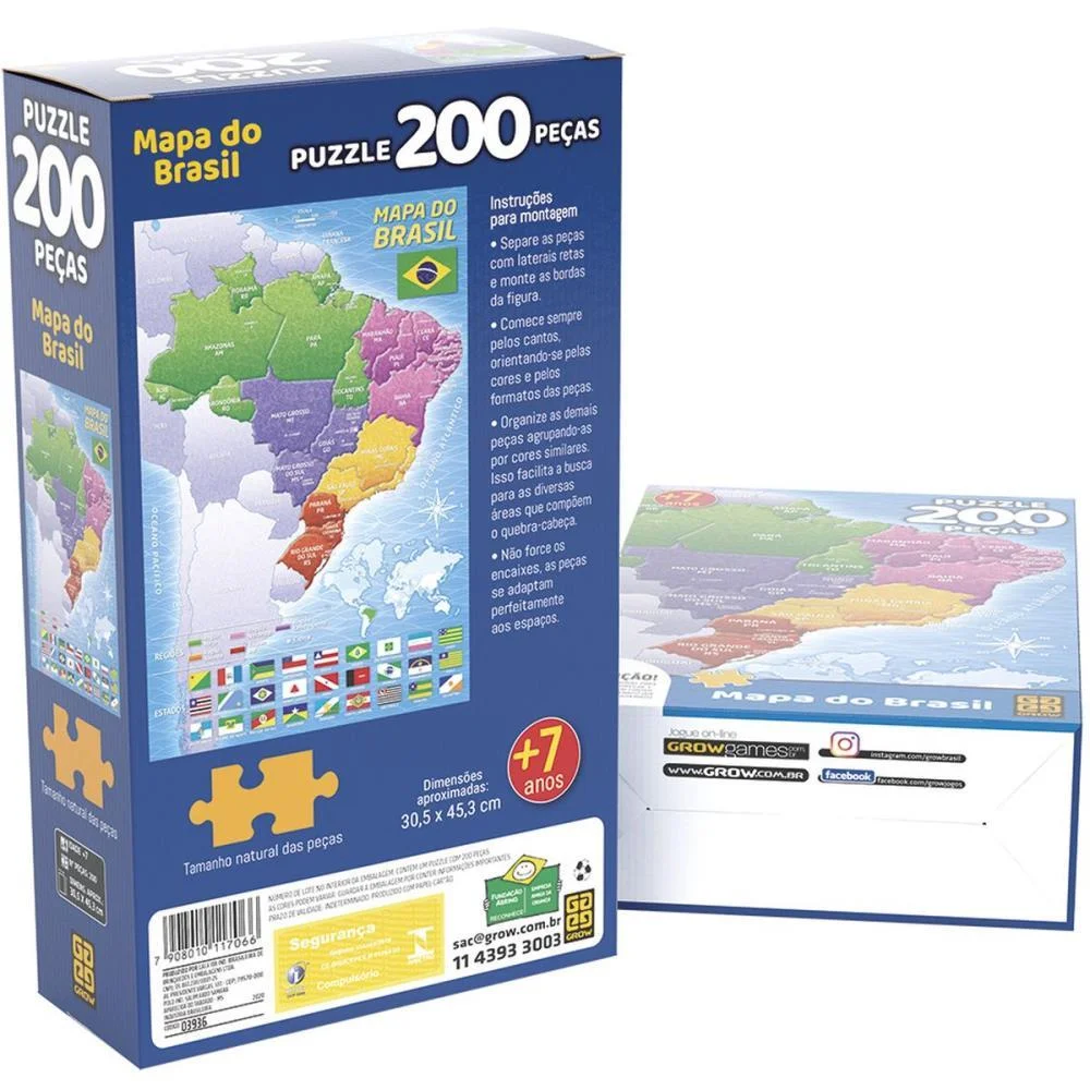 Quebra-Cabeca Cartonado Mapa Do Brasil 200 Pecas Grow - imagem 3