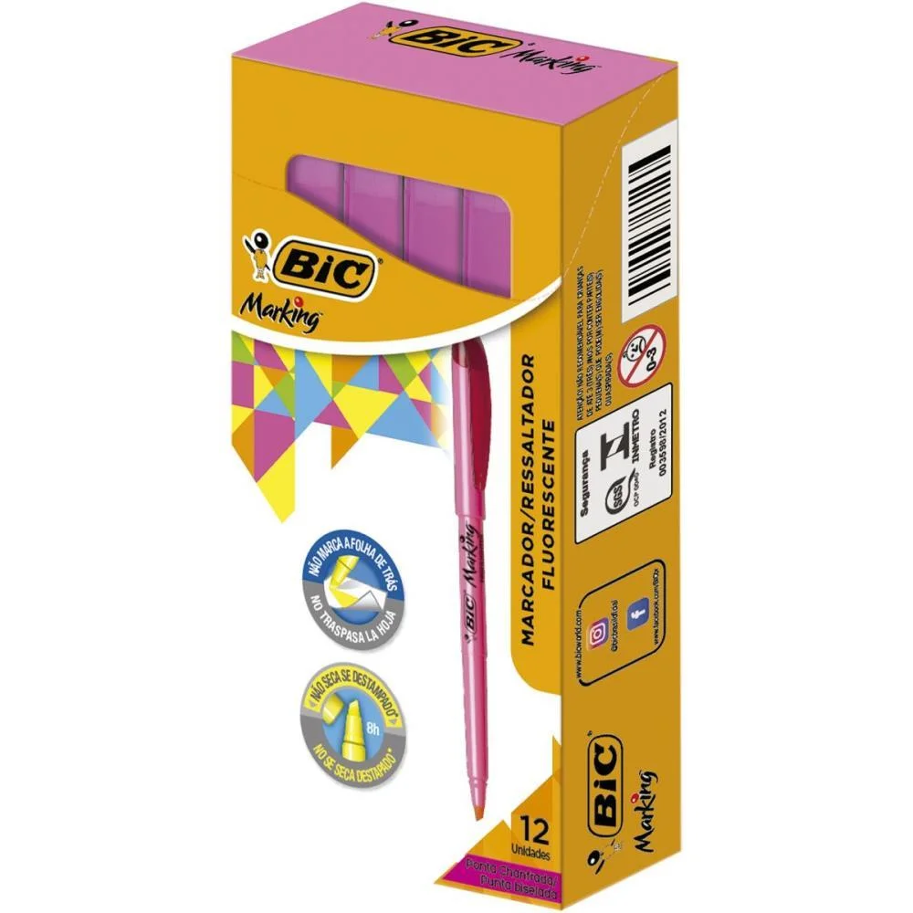Caneta Marca Texto Marking Rosa Bic (Cx.c/12) - imagem 3