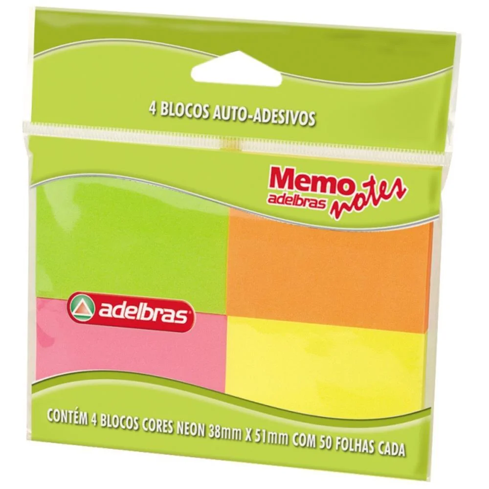 Bloco De Recado Autoadesivo Memonote Neon 38X51 50Fls. Adelbras (Pct.c/04) - imagem 3