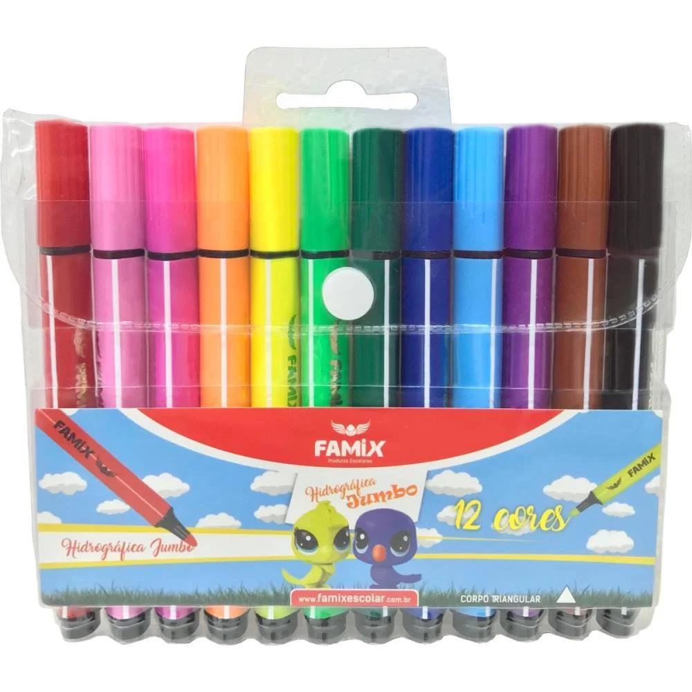 Caneta Hidrografica Jumbo Triangular 12 Cores Famix (Estojo) - imagem 3