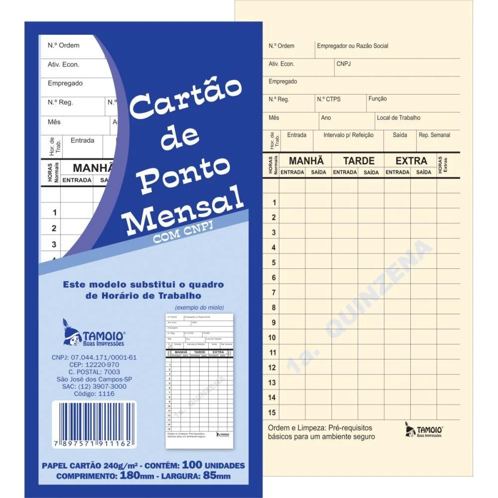 Impresso Cartao De Ponto Mensal Palha 86X180Mm Tamoio C/ 100 Unidades - imagem 3