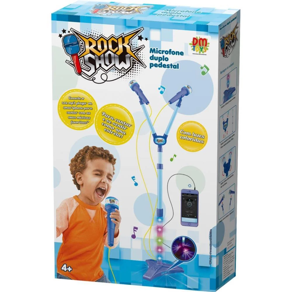 Instrumento Musical Microfone Duplo Pedestal Azul Dm Toys - imagem 3
