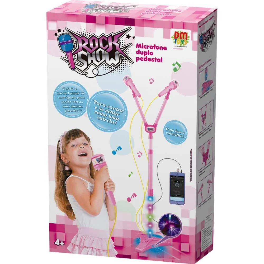 Instrumento Musical Microfone Duplo Pedestal Rosa Dm Toys - imagem 3