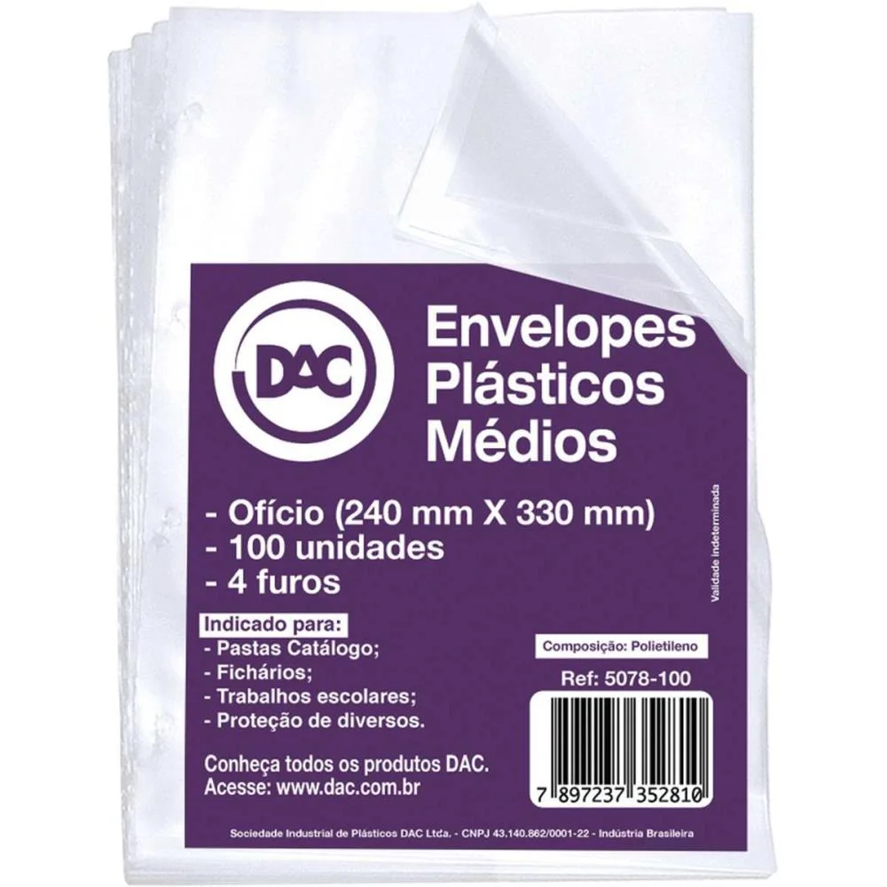 Envelope Plastico Oficio 4Furos Medio 0,10Mm Dac C/ 100 Unidades - imagem 3