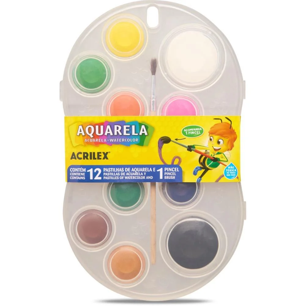 Aquarela Escolar 12 Cores + Pincel Acrilex (Estojo) - imagem 3