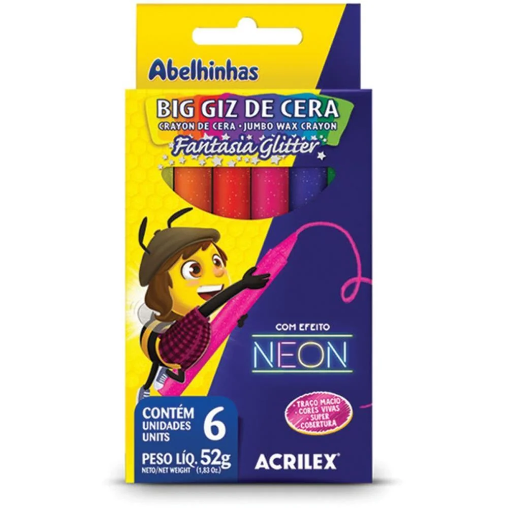 Giz De Cera Jumbo Big Giz Neon Gliter 52G 6Cores Acrilex (Pct.c/06) - imagem 2