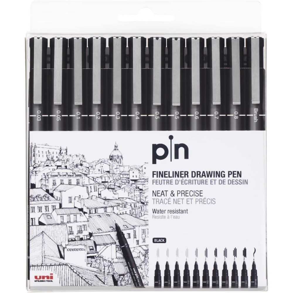 Caneta Tecnica Uni Pin 10 Graduacoes+Brush Pt Sertic (Est.c/12) - imagem 3