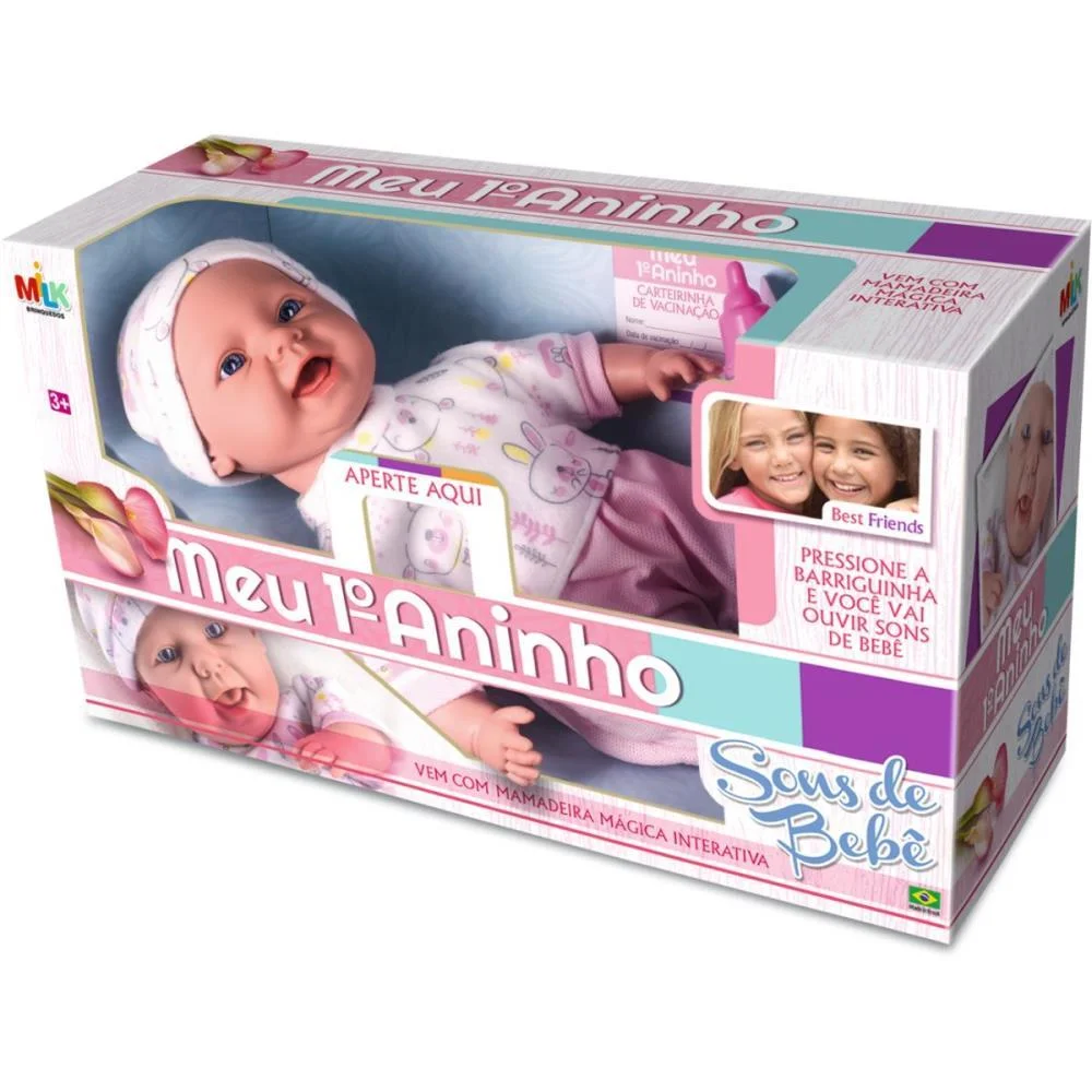 Boneca Com Mecanismo Meu 1 Aninho Sons De Bebe 45Cm Milk - imagem 5