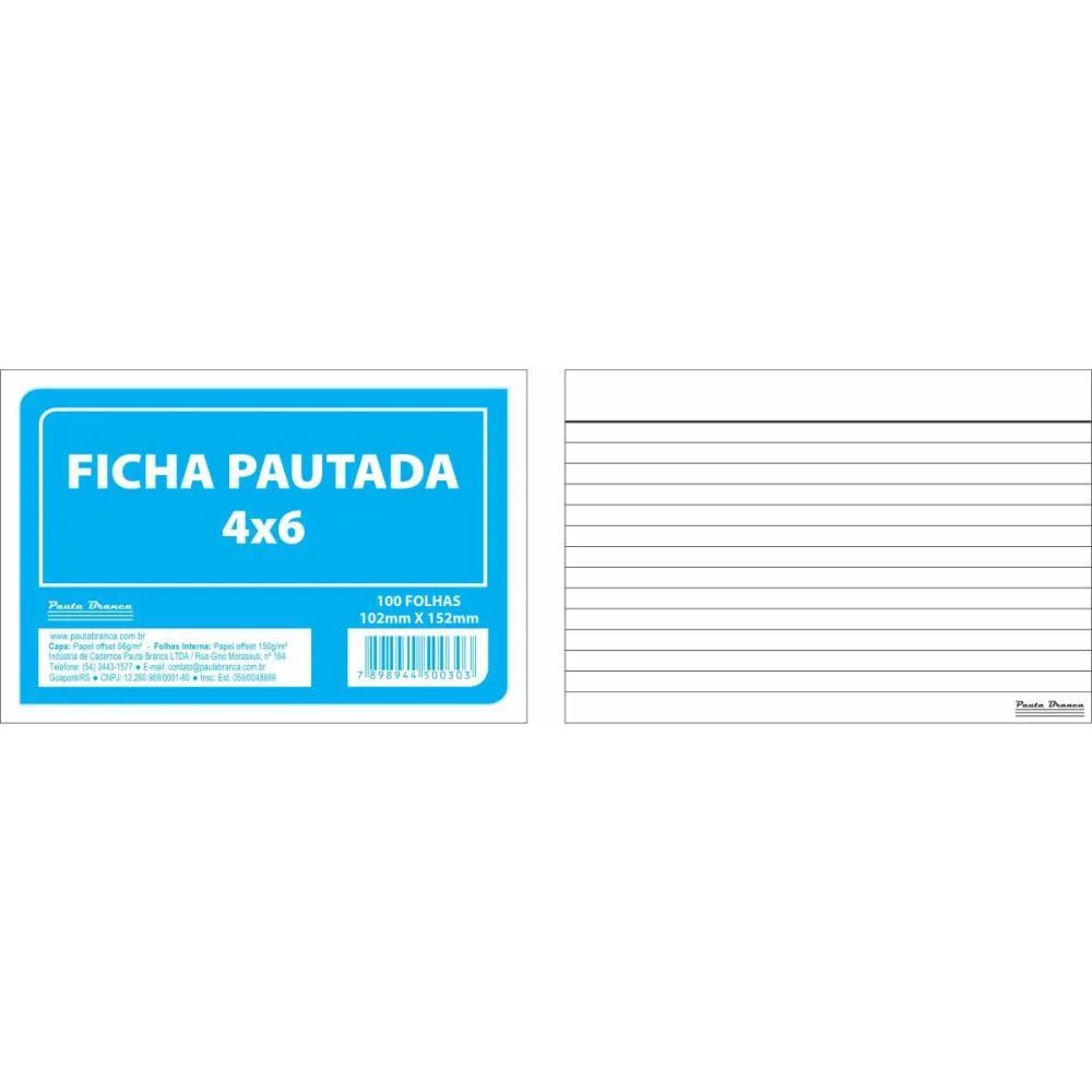 Ficha Pautada 4X6 15,2X10,2Cm 100Fls. Pauta Branca (Pacote) - imagem 2