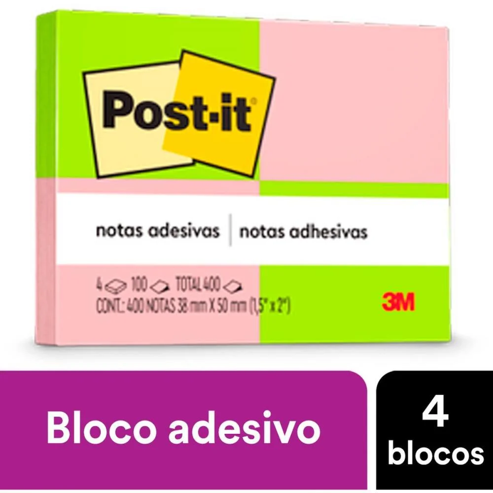 Bloco De Recado Post-It 653 Neon 38X50Mm C/100Fls. 3M (Pct.c/04) - imagem 3