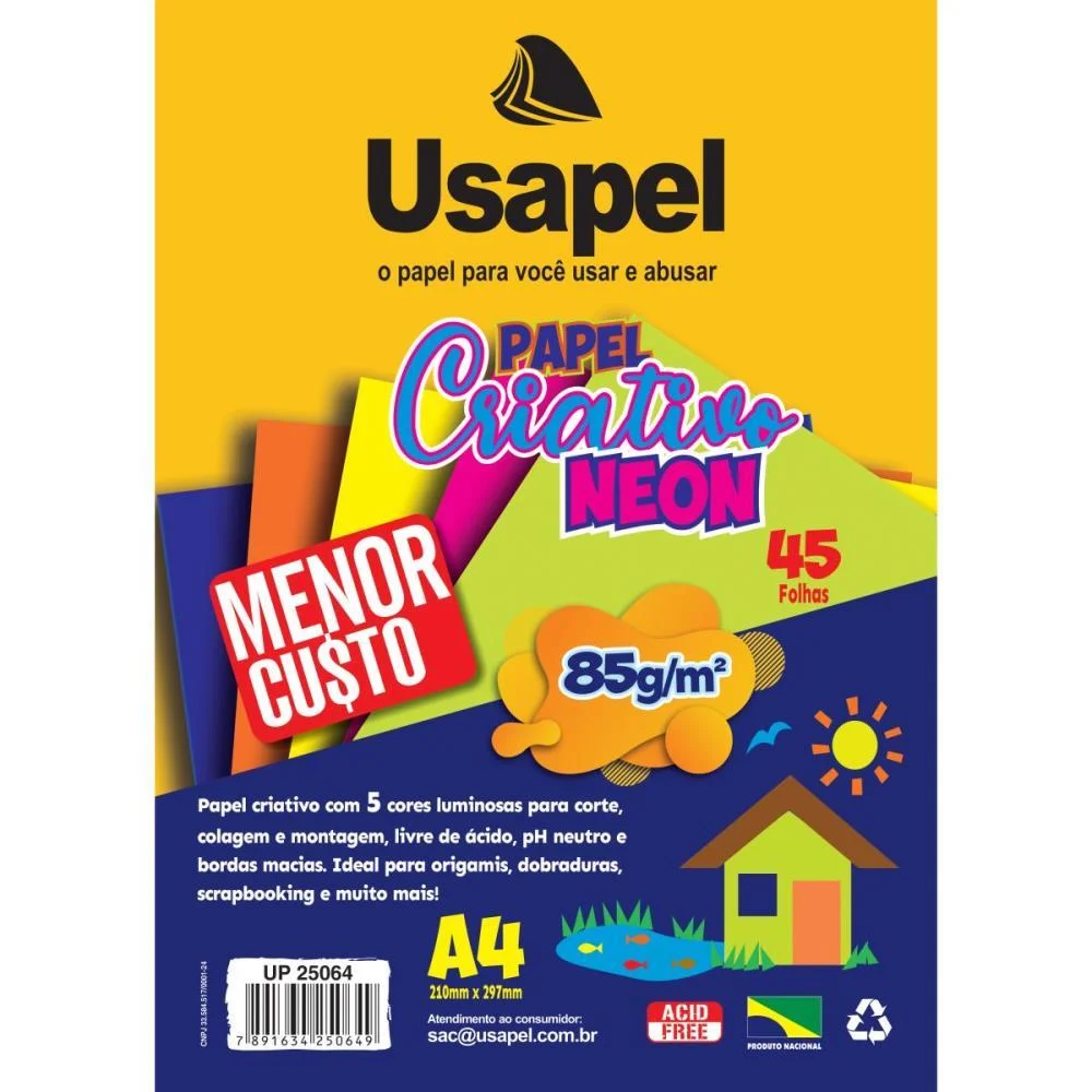 Bloco Para Educacao Artistica Usapel Neon 5Cor. A4 85G 45Fls Filiperson (Pacote) - imagem 3