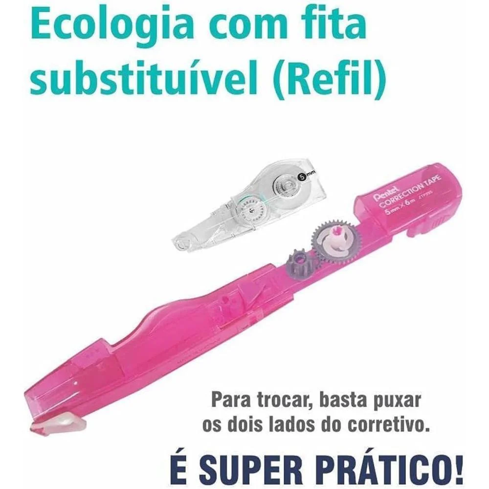 Corretivo Em Fita Corretion Tape 6M Rosa C/Refil Pentel (Cx.c/12) - imagem 4