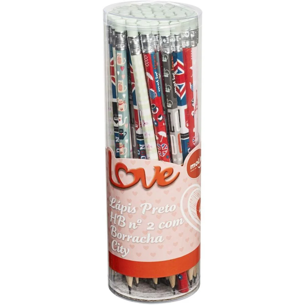 Lapis Preto Redondo Decorado Love City Hb N°2 C/Borracha Molin (Pote-48)